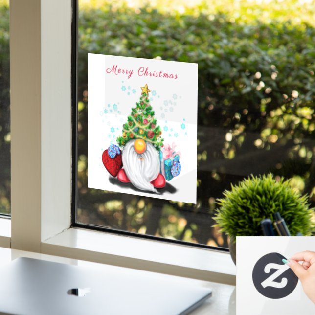 Gnome with Christmas Tree Hat and Gift For You Window Cling (Office)
