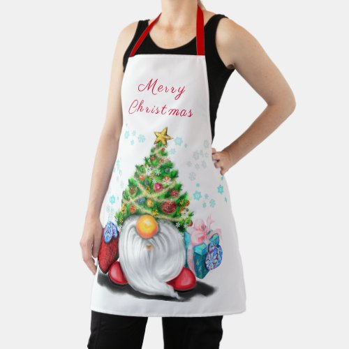 Gnome with Christmas Tree Hat and Gift _ Fun Apron