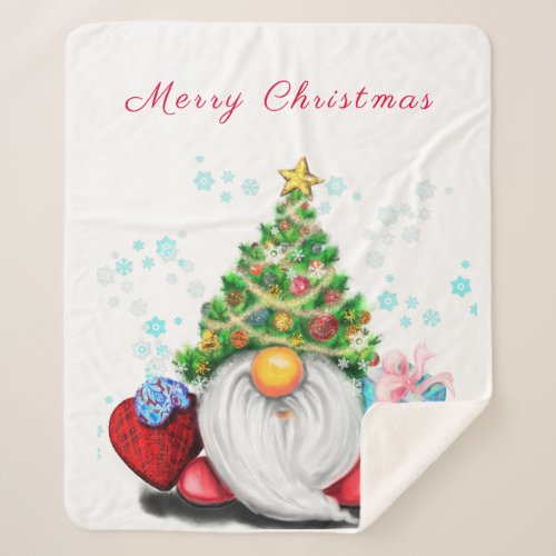 Gnome with Christmas Tree Hat and Gift _ Fun  Sherpa Blanket
