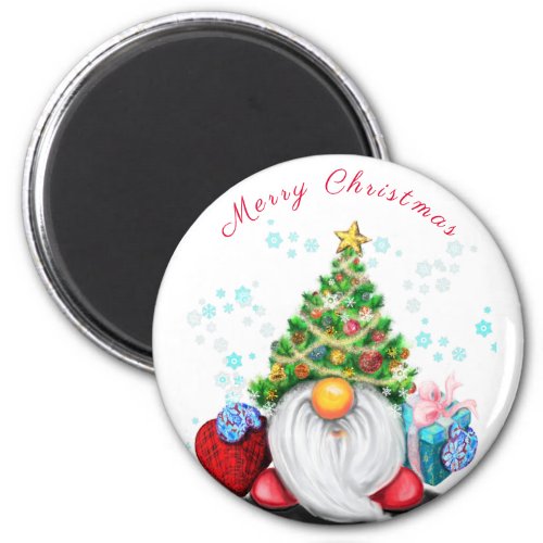 Gnome with Christmas Tree Hat and Gift Magnet