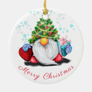 Gnome with Christmas Tree Hat and Gift Ornament