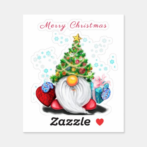 Gnome with Christmas Tree Hat and Gift Sticker