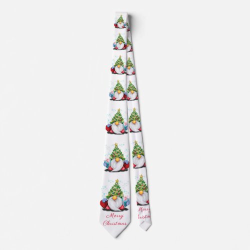 Gnome with Christmas Tree Hat and Gifts Neck Tie