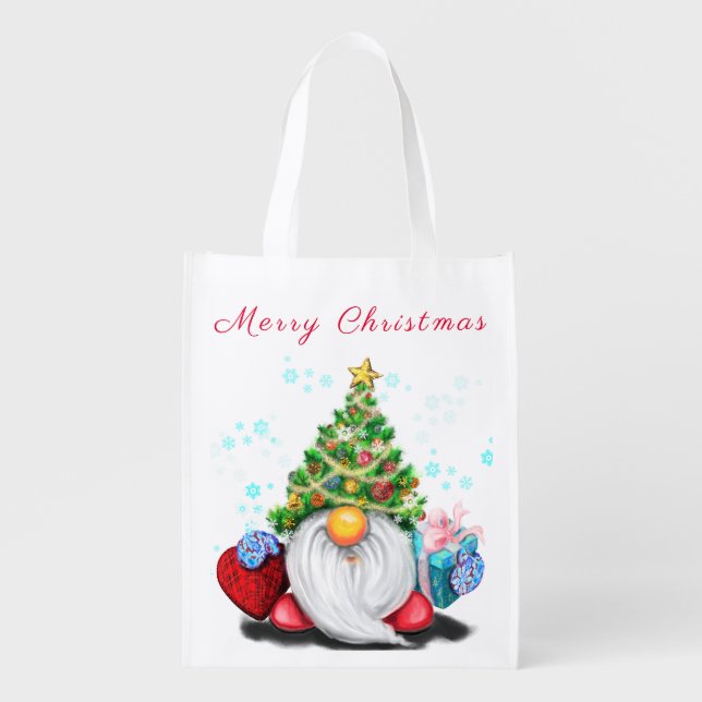 Gnome with Christmas Tree Hat Grocery Bag (Front)