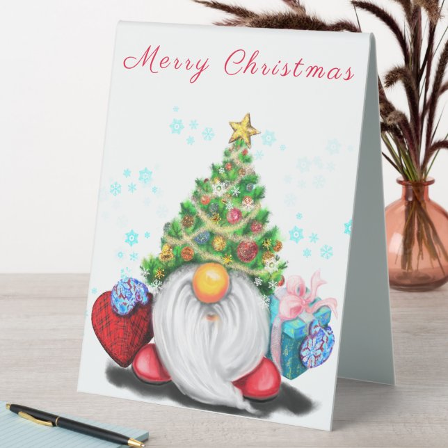 Gnome with Christmas Tree Hat Table Tent Sign (In SItu (Table))