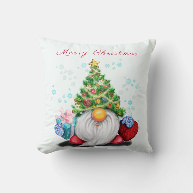 Gnome with Christmas Tree Hat Throw Pillow (Front)
