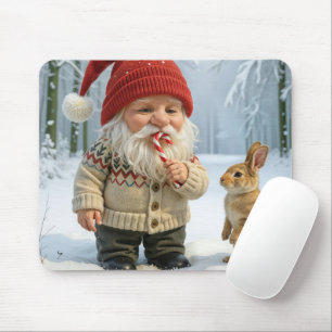 Gnome With Enjoying a Candy Cane In Snowy Forest Mouse Pad