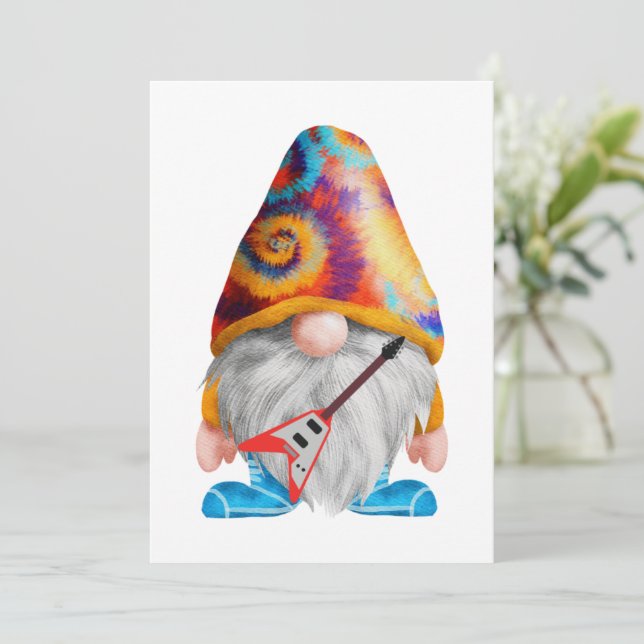 Gnome with guitar and colorful hat on a  invitation (Standing Front)
