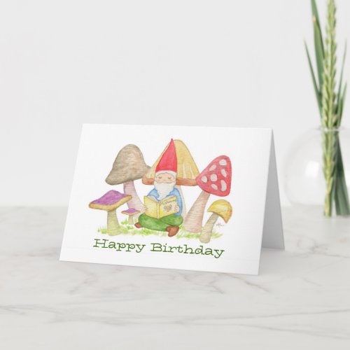 Gnome with Mushroom Book birthday card