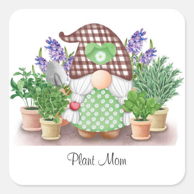 Gnome with pigtails purple lilacs plant mom square sticker (Front)