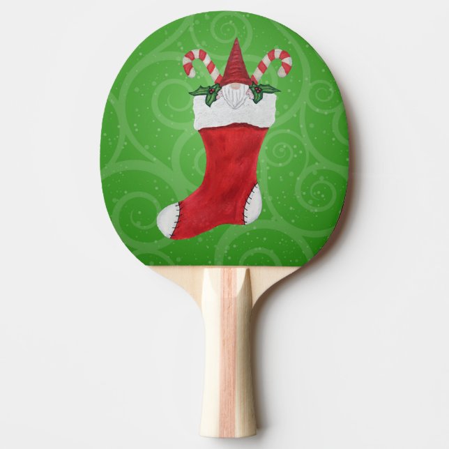 Gnome With Red Hat in Christmas Stocking Green Ping Pong Paddle (Front)