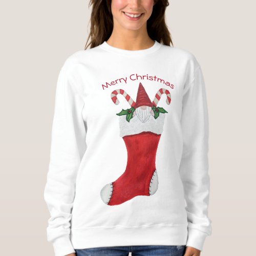 Gnome With Red Hat in Christmas Stocking Holly Sweatshirt