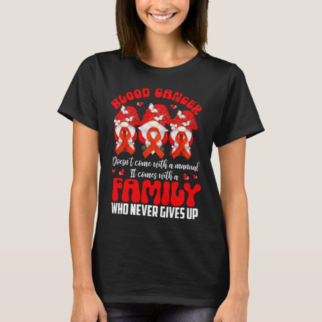 Gnome with Red Ribbon Blood Cancer Family  T-Shirt (Front)