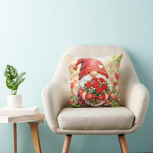 Gnome with Red Roses In a Garden Throw Pillow (Chair)