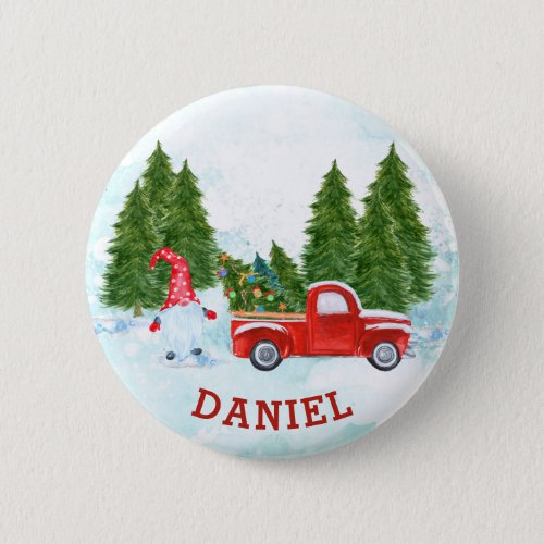 Gnome with Red Truck Christmas Button