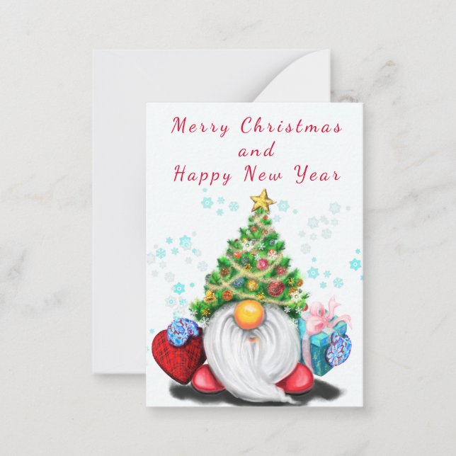Gnome with Tree Hat and Gift Christmas & New Year Note Card (Front)