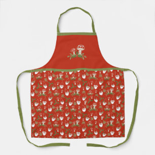 Gnomes and Mushrooms on Red Woodland Holiday Apron