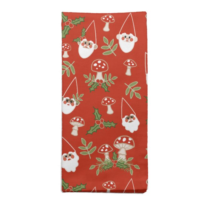 Gnomes and Mushrooms on Red Woodland Holiday Cloth Napkin (Folded)