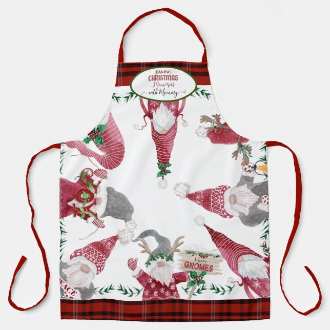 Gnomes Baking Christmas Memories Mommy Red Plaid Apron (Front)