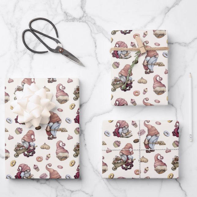 Gnomes Baking Cupcakes Donuts Trendy Adorable Cute Wrapping Paper Sheets (Front)