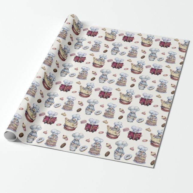Gnomes Baking Cupcakes Donuts Trendy Woodland  Wrapping Paper (Unrolled)