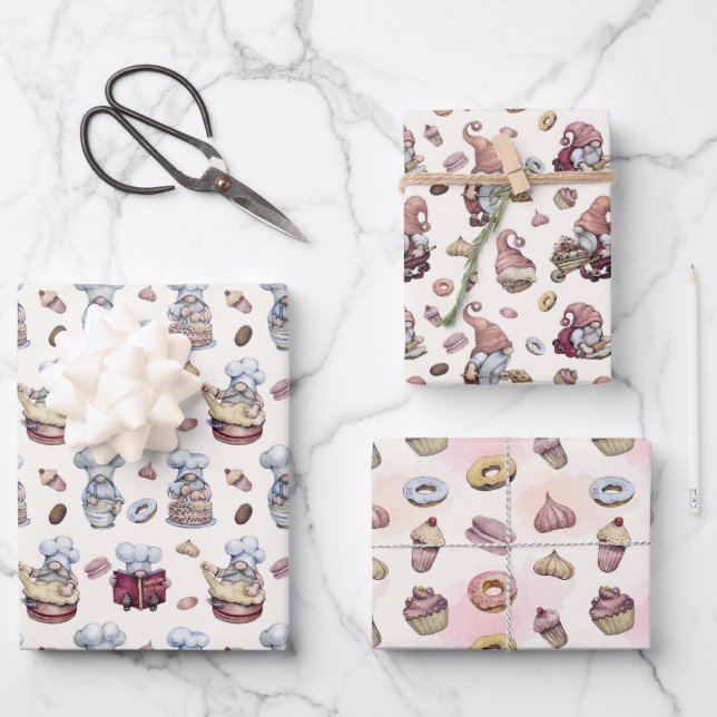 Gnomes Baking Cupcakes Donuts Trendy Woodland  Wrapping Paper Sheets (Front)