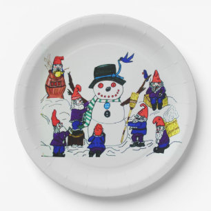 GNOMES BUILD SNOWMAN PAPER PLATES