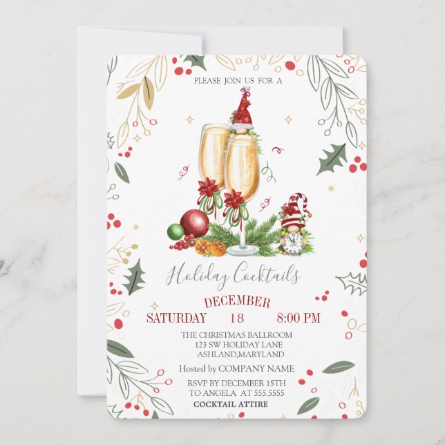 Gnomes Champagne Glass Balls Company Christmas  Invitation (Front)