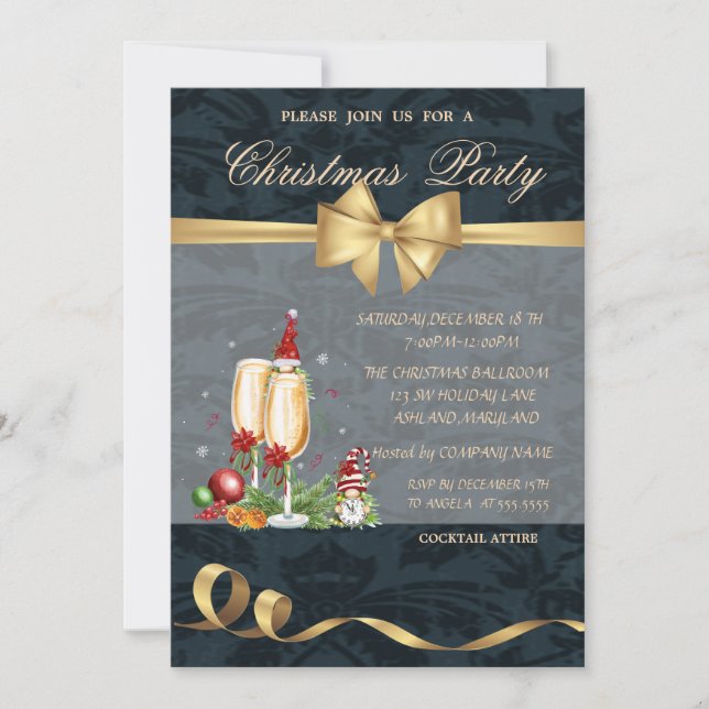 Gnomes,Champagne Glass,Bow Christmas Party Invitation (Front)