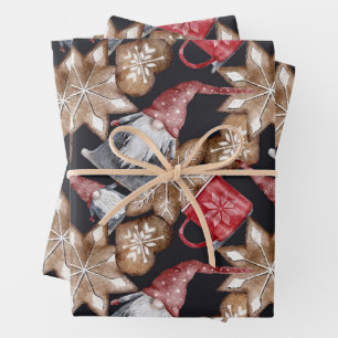 Gnomes Christmas Cookie Festive Watercolor Pattern Wrapping Paper Sheets