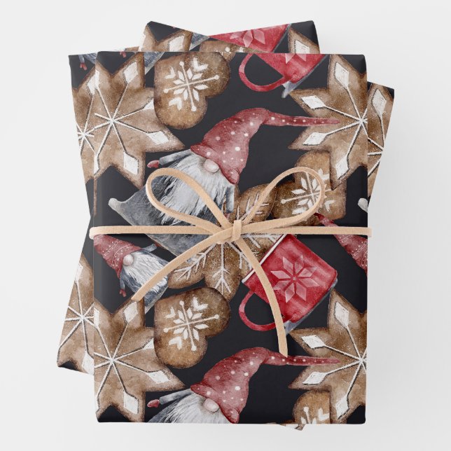 Gnomes Christmas Cookie Festive Watercolor Pattern Wrapping Paper Sheets (In situ)