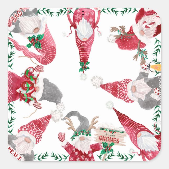 Gnomes Christmas Holiday Red Gray Cute Watercolor Square Sticker (Front)