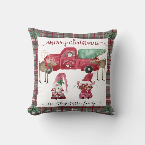 Gnomes Christmas Tree Farm Red Truck Gray Plaid Throw Pillow