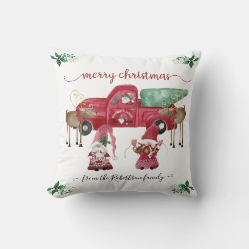 Gnomes Christmas Tree Farm Red Truck Watercolor Throw Pillow