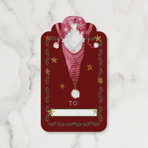 Gnomes Christmas Watercolor Red Holiday Gold Stars Foil Gift Tags