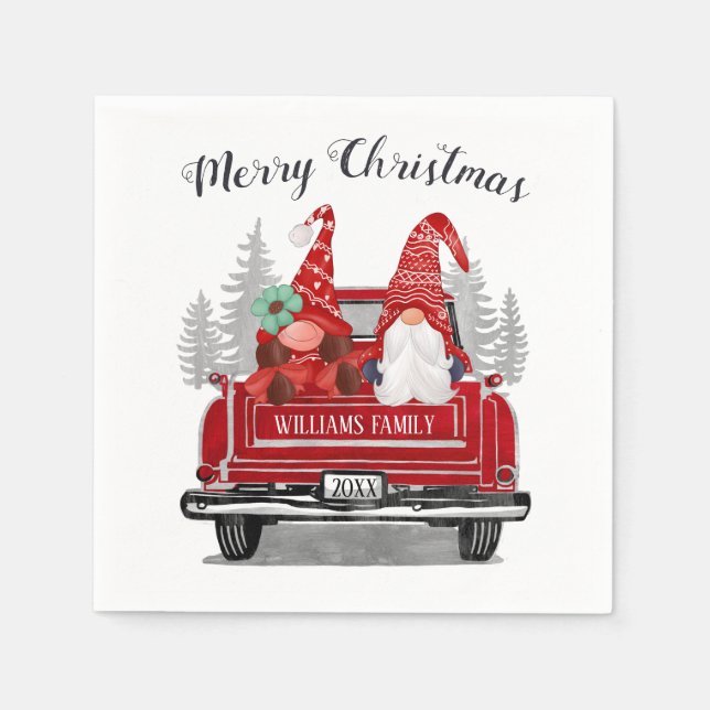 Gnomes Couple Vintage Red Truck Merry Christmas Napkins (Front)
