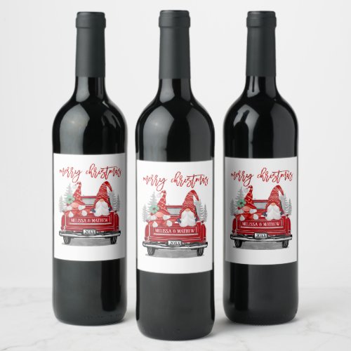 Gnomes Couple Vintage Red Truck Merry Christmas Wine Label