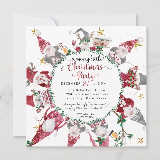 Gnomes Cute Red Gray Merry Little Christmas Party Holiday Card (Front)
