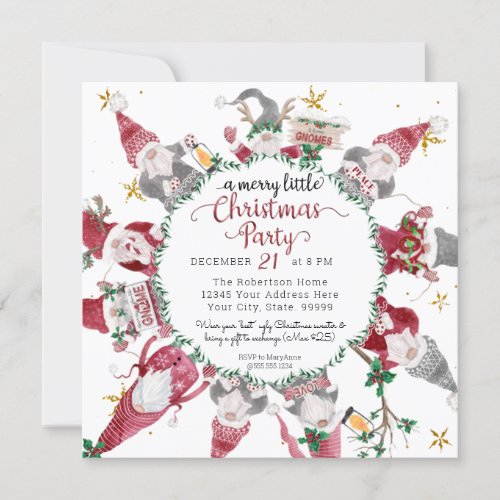 Gnomes Cute Red Gray Merry Little Christmas Party Holiday Card