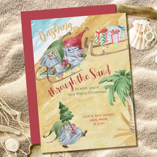 Gnomes Dashing Through the Sand Beach Christmas Holiday Card