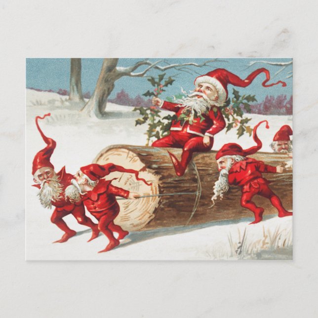 Gnomes dragging a cut tree trunk through the snow postcard (Front)