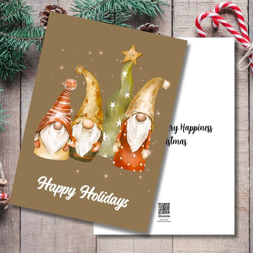 Gnomes elves golden holiday christmas cards