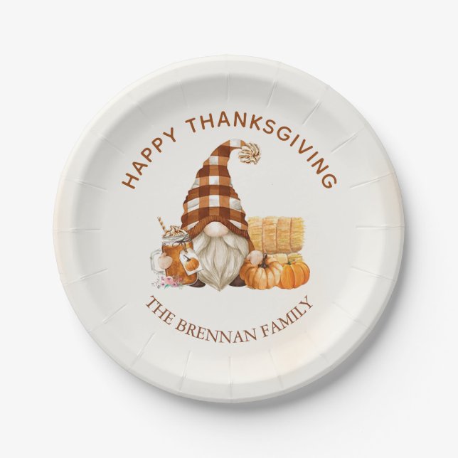 Gnomes Fall Pumpkin Happy Thanksgiving Dinner Paper Plates (Front)