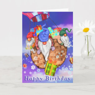 Gnomes Flying A Balloon and Gives Gifts - Birthday Card