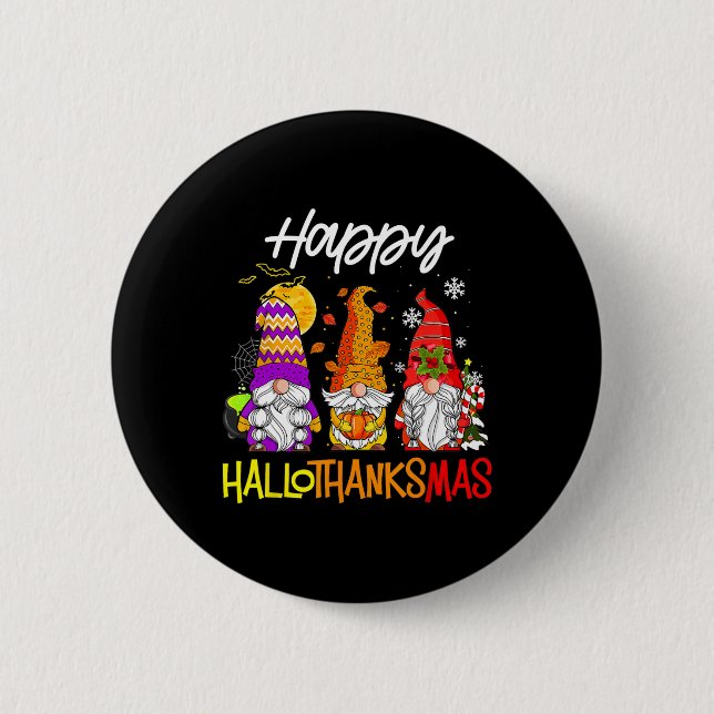 Gnomes Hallothanksmas Halloween Thanksgiving Chris Button (Front)