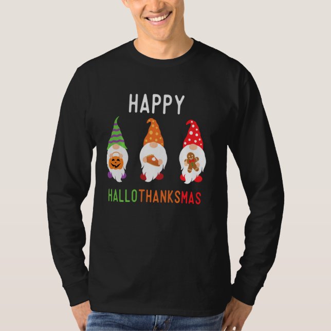 Gnomes Happy Hallothanksmas Halloween Thanksgiving T-Shirt (Front)