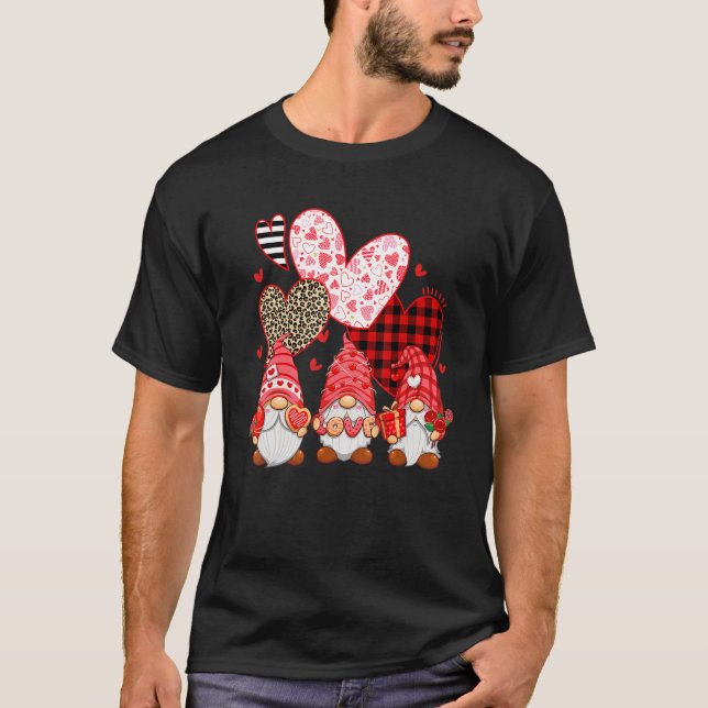 Gnomes Holding Leopard Heart Buffalo Plaid Valenti T-Shirt (Front)