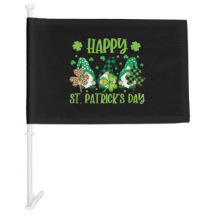 Gnomes Holding Shamrock Green Plaid Leopard St Car Flag
