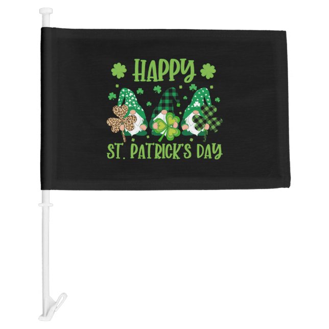 Gnomes Holding Shamrock Green Plaid Leopard St Car Flag (Front)