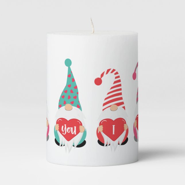 Gnomes I Love You Cute Fun Valentine's Day Pillar Candle (Front)